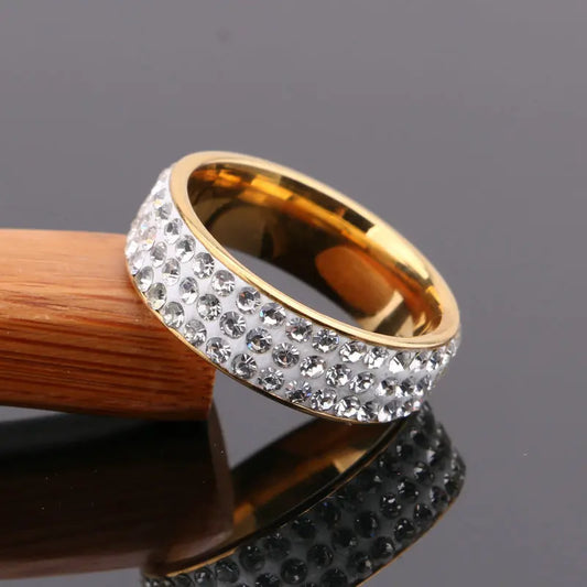 **Vintage 3-Row Crystal Stainless Steel Rings for Women** – A stunning **boho-style ring** with **crystals** in **gold color**, perfect for weddings or engagements. Made of durable **stainless steel** with a **6mm width**,