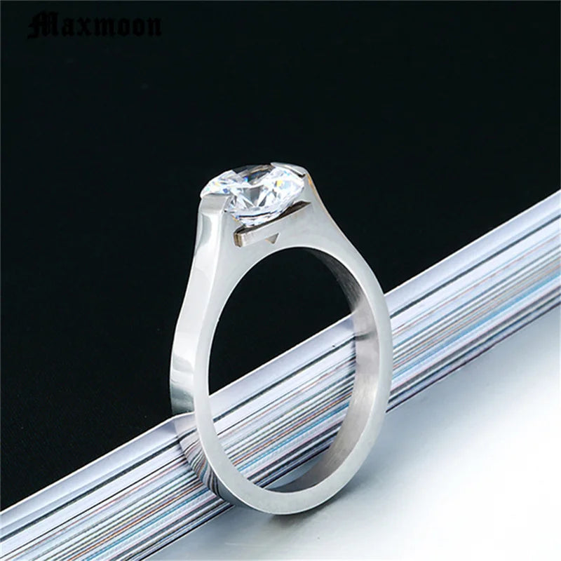 Maxmoon Stainless Steel Rings For Women Wedding Ring Cubic Zirconia Fashion Jewelry Wholesale