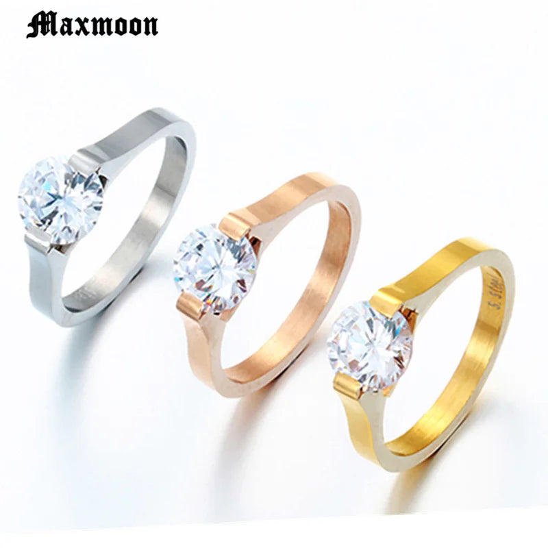 Maxmoon Stainless Steel Rings For Women Wedding Ring Cubic Zirconia Fashion Jewelry Wholesale