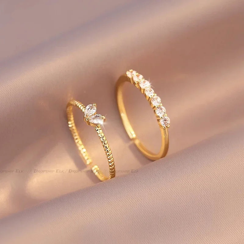 2pcs/set Gold Color Heart Zircon Rings Set for Women Girls Adjustable Minimalism Luxury Twist Ring Fashion Jewelry Wedding Gifts