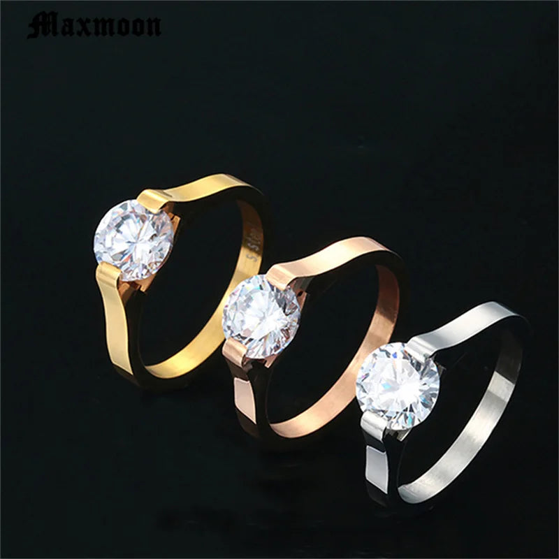 Maxmoon Stainless Steel Rings For Women Wedding Ring Cubic Zirconia Fashion Jewelry Wholesale