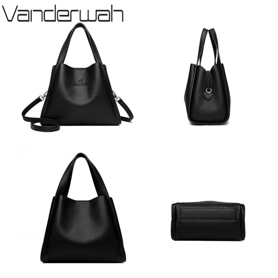 **VANDERWAH Genuine Leather Handbag** – A stylish and versatile **top-handle bag** crafted from **soft leather**, designed for women who value elegance and functionality. Features a **3-layer design**, making it perfect for