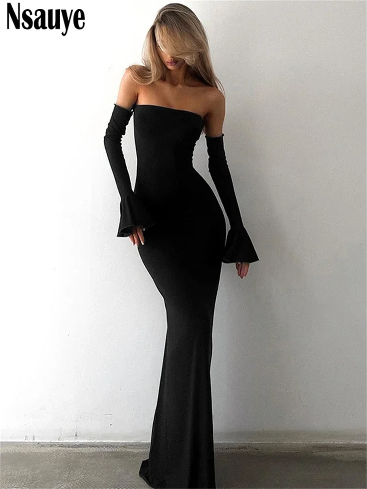 Modern long dress with long sleeves with a slope at the end