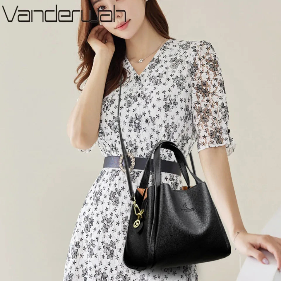 **VANDERWAH Genuine Leather Handbag** – A stylish and versatile **top-handle bag** crafted from **soft leather**, designed for women who value elegance and functionality. Features a **3-layer design**, making it perfect for