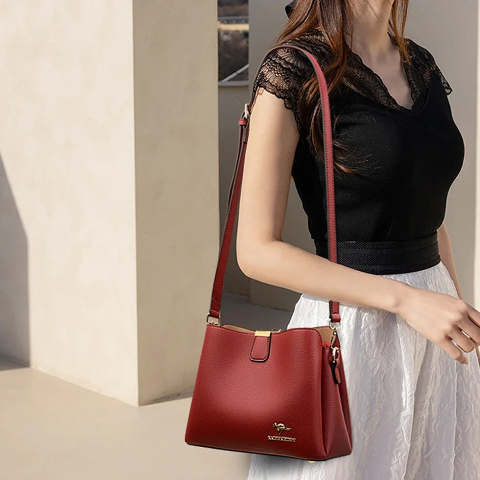 **Luxury Designer Leather Handbag** – A **high-quality, multifunctional purse** featuring a **3-layer design** for maximum organization. Perfect as a **shoulder or messenger bag**, combining elegance and practicality for mo