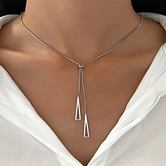 Metal Style Silver Color Triangle Pendant Necklace Fashionable Simple Charm Y Lariat Necklaces for Women Boho Minimalist Jewelry