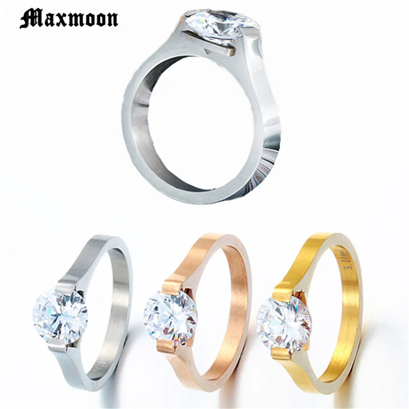 Maxmoon Stainless Steel Rings For Women Wedding Ring Cubic Zirconia Fashion Jewelry Wholesale